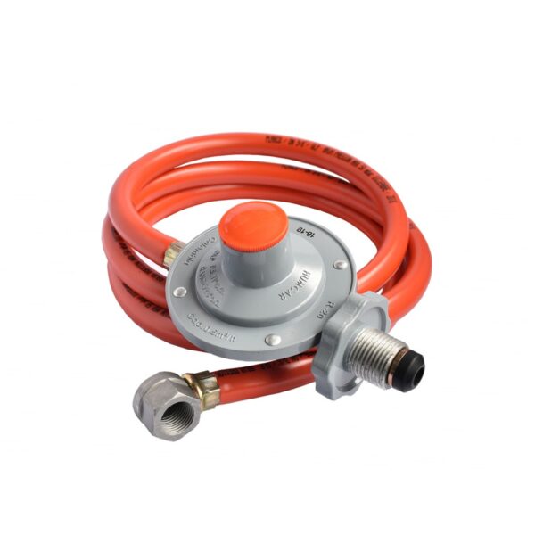 Regulador R20 Acción Directa Única Etapa GLP  28 mbar Volante 7/8 NGO x Mang 1,5m T1  con codo  3/8 NPTh  44585  BTU/h GLP