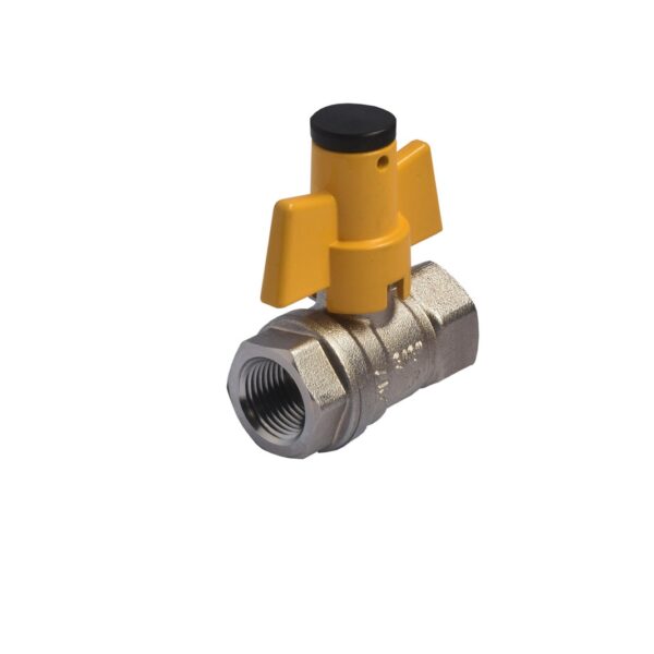 Valvula de Bola 1/2" NPTh, X 1/2" NPTh. Recubrimiento en Níquel, maneral tipo Mariposa de Seguridad.